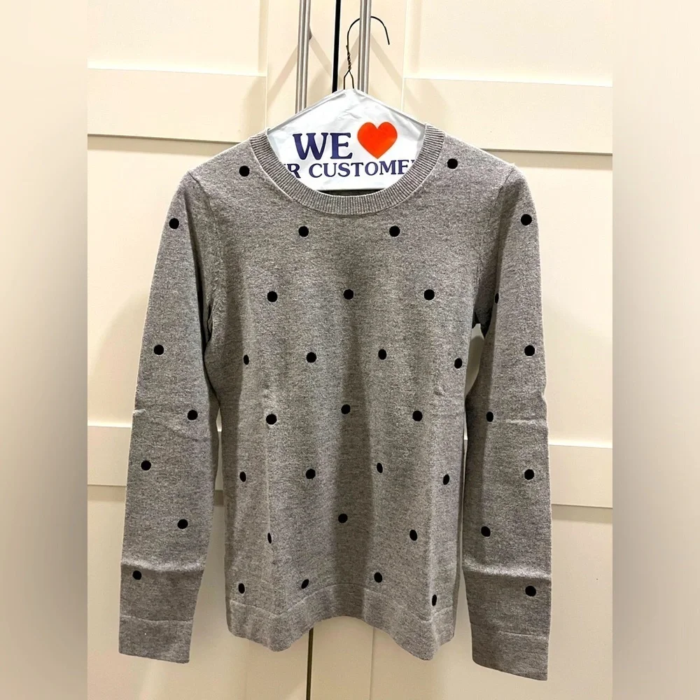 J Crew XS grey crewneck with black polka dots